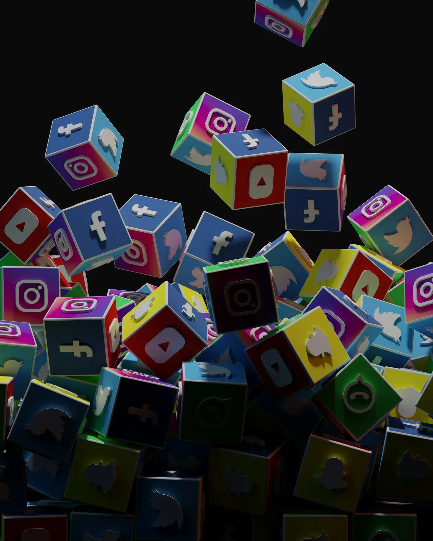 Colourful social media platform icons arranged as three-dimensional blocks