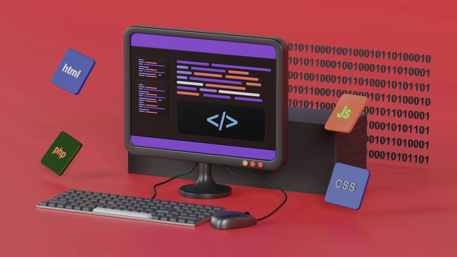 A colourful development workstation showing website code and web technologies